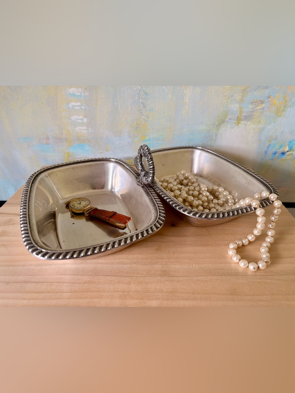 Vintage Silver-plated Double Serving /Vanity Tray with Rope-Edge Detail